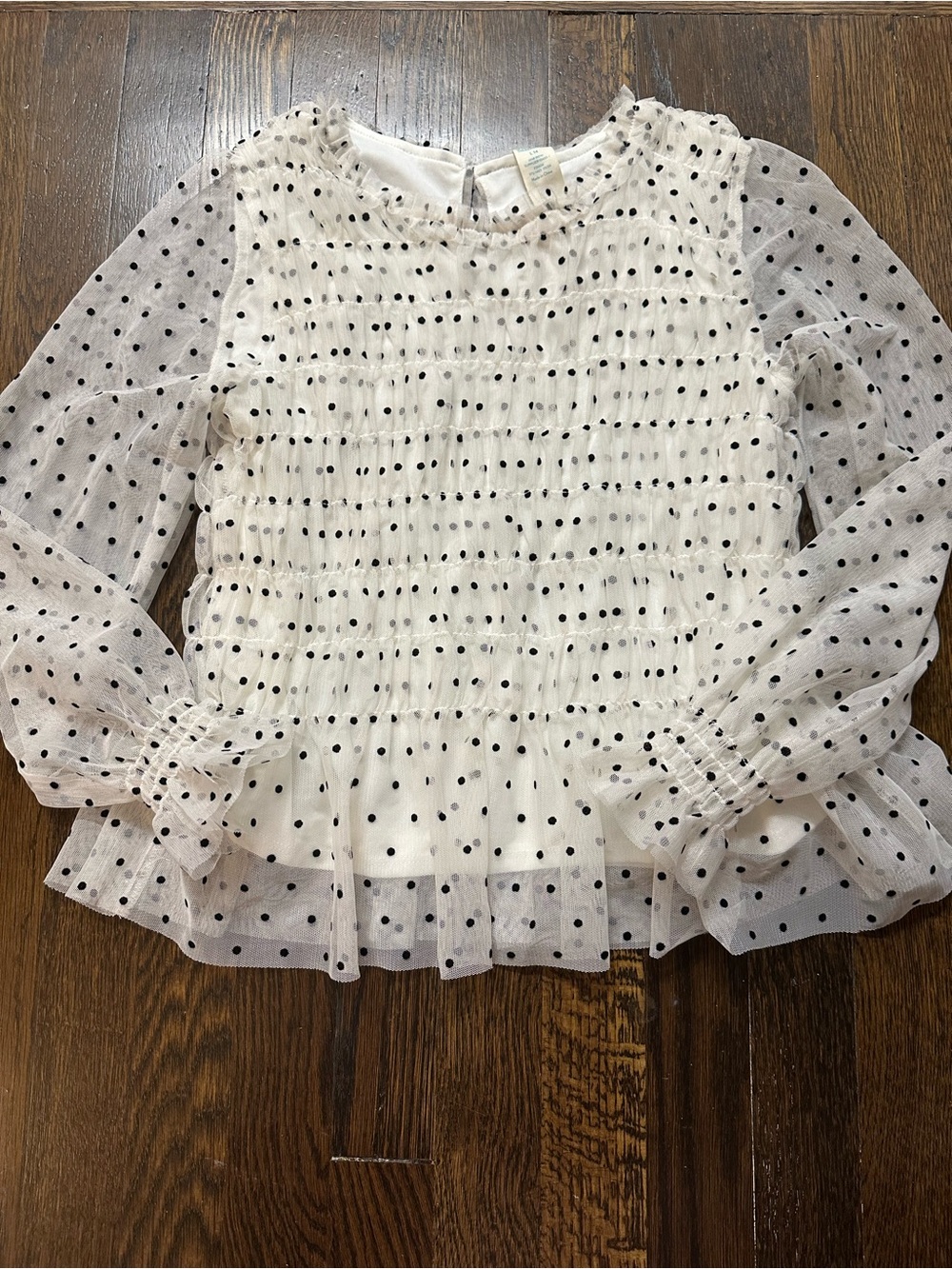 Girls White Polka Dot Mesh Blouse with Ruffle Hem
